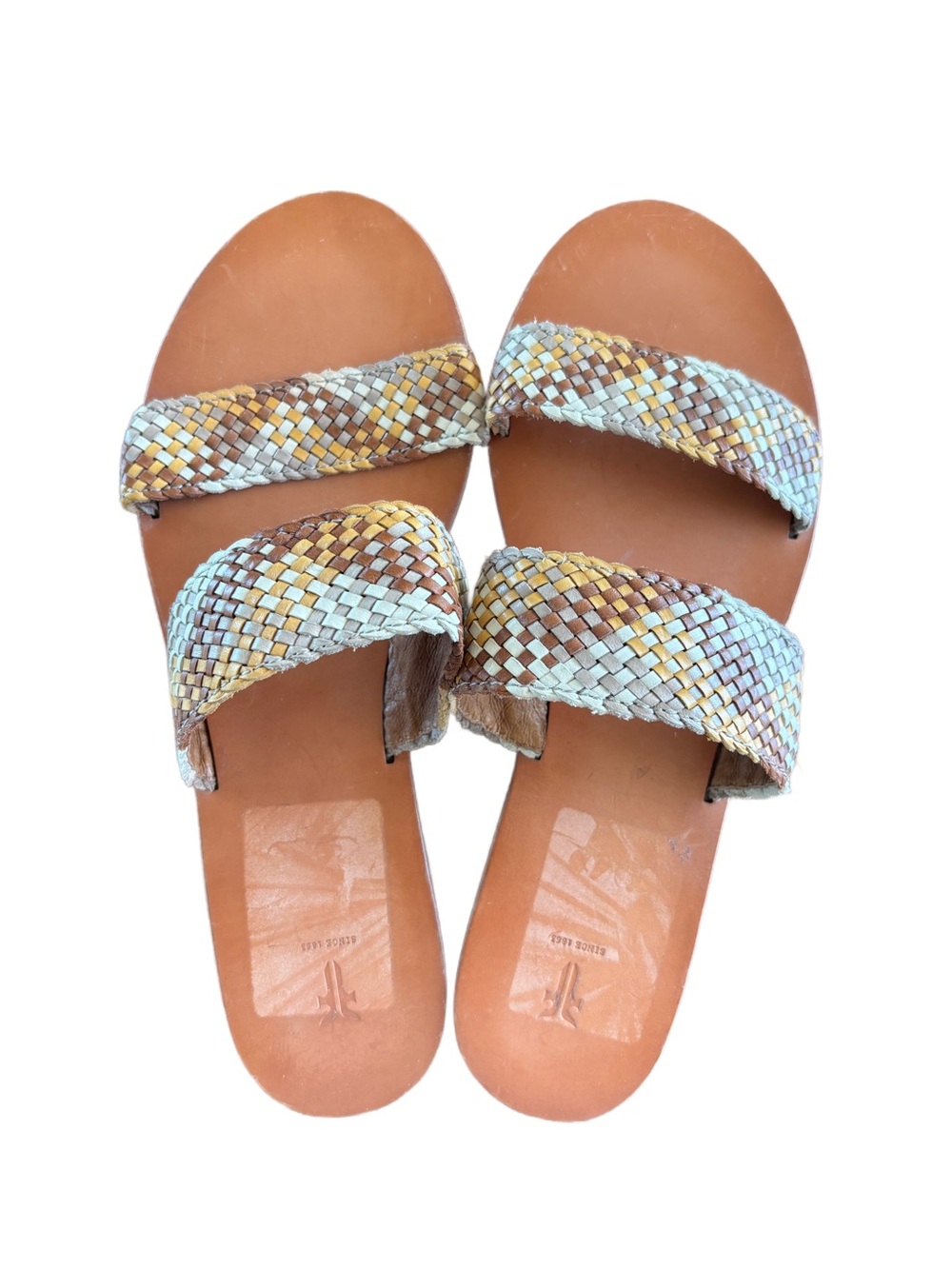 Frye Woven Double-Strap Slides in Grey Tan & Brown